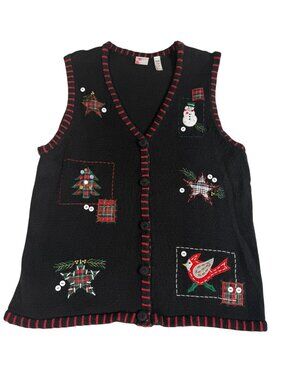 Holiday Editions XL Christmas Sweater Vest Black Plaid Applique Beaded Cardinal